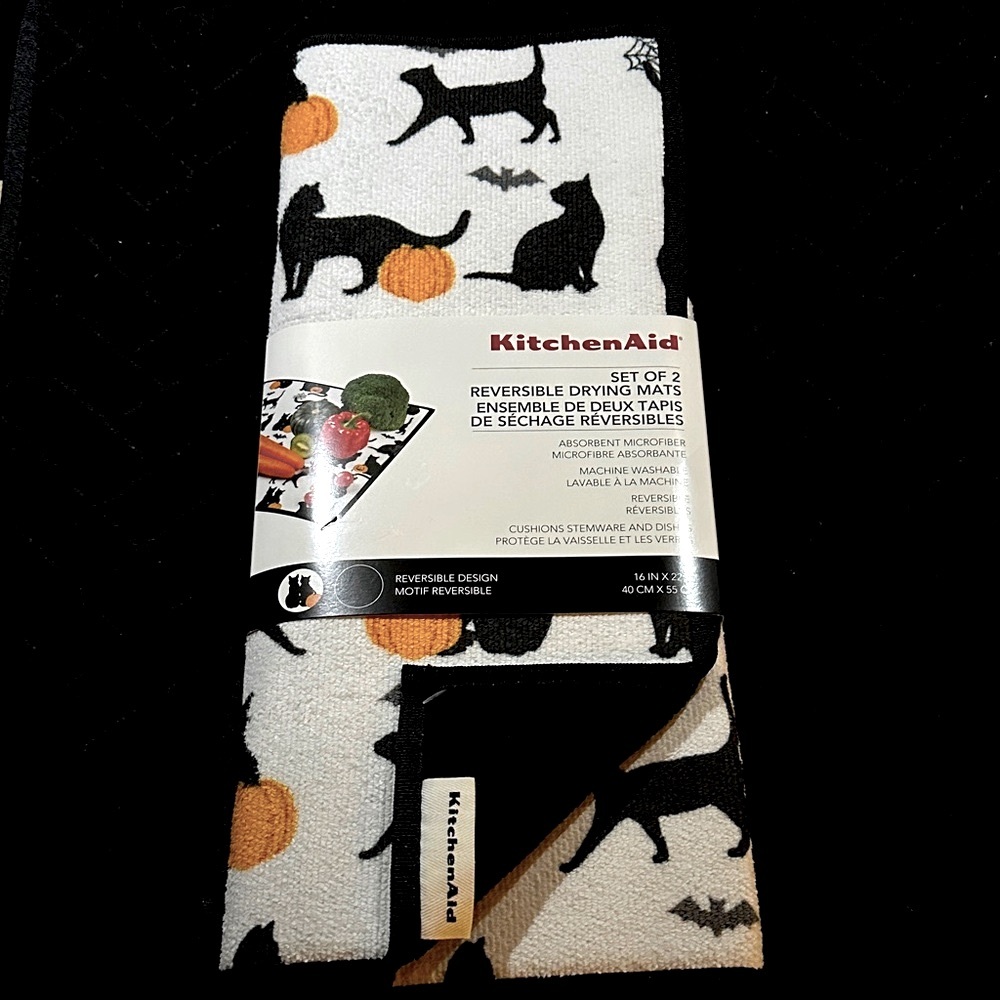 KitchenAid Reversible Drying Mats~Set of 2~Black Cat & Pumpkins~NEW!